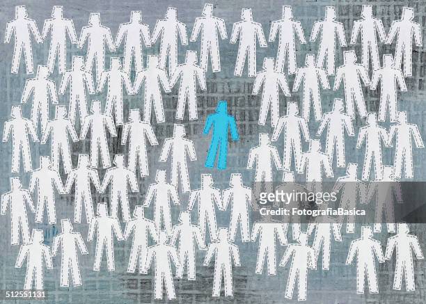 isolierte blue man - standing out from the crowd stock-grafiken, -clipart, -cartoons und -symbole