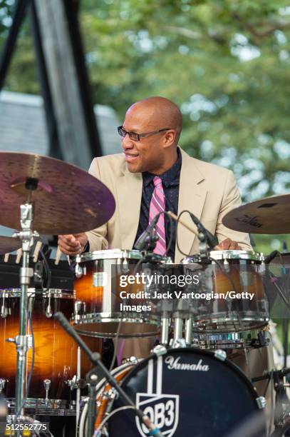 American Jazz musician Otis Brown III plays drums as he leads his quintet at a dual celebration of Blue Note's 75th anniversary and Okayplayer's 15th...