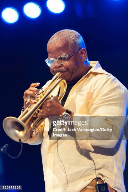 American Jazz musician Terence Blanchard plays trumpet during a guest appearance with the Revive Big Band at a dual celebration of Blue Note's 75th...