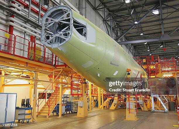 Construction work at the Airbus factory, September 1, 2004 in Hamburg, Germany. Airbus is reportedly looking at developing a new passenger jet to...