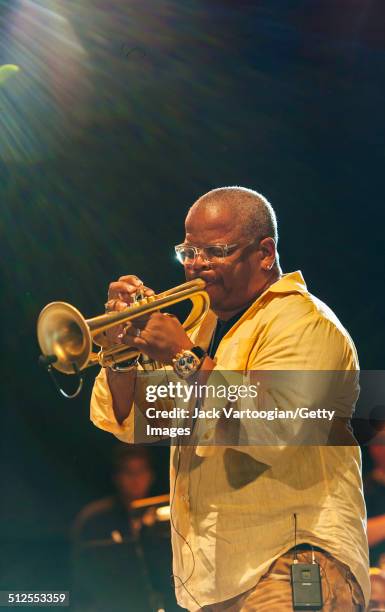 American Jazz musician Terence Blanchard plays trumpet during a guest appearance with the Revive Big Band at a dual celebration of Blue Note's 75th...