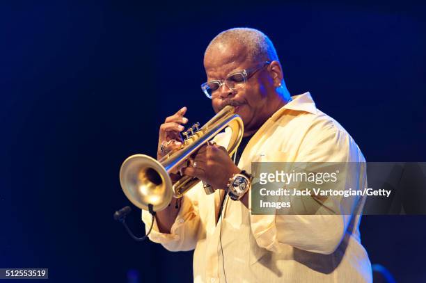 American Jazz musician Terence Blanchard plays trumpet during a guest appearance with the Revive Big Band at a dual celebration of Blue Note's 75th...
