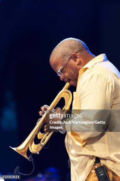 American Jazz musician Terence Blanchard plays trumpet during a guest appearance with the Revive Big Band at a dual celebration of Blue Note's 75th...