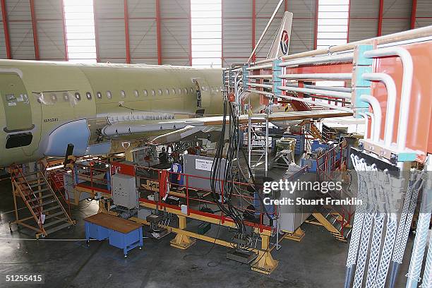Construction work continues at he Airbus factory on September 1, 2004 in Hamburg, Germany. Airbus is reportedly looking at developing a new passenger...