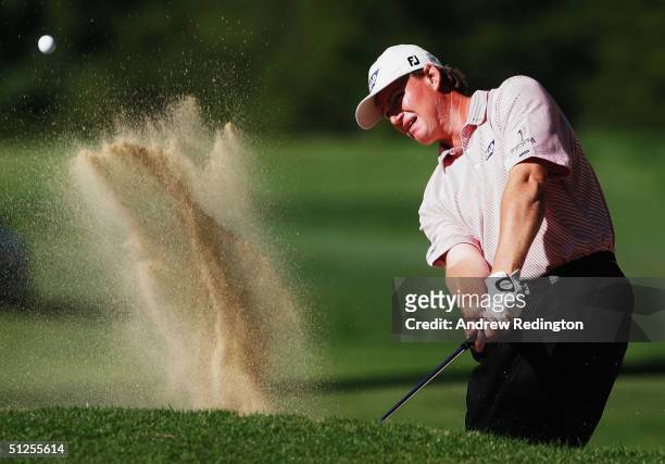 Ernie Els of South Africa plays from a bunker on the 16th hole, during the first round of The Omega European Masters at Crans-Sur-Sierre Golf Club on...