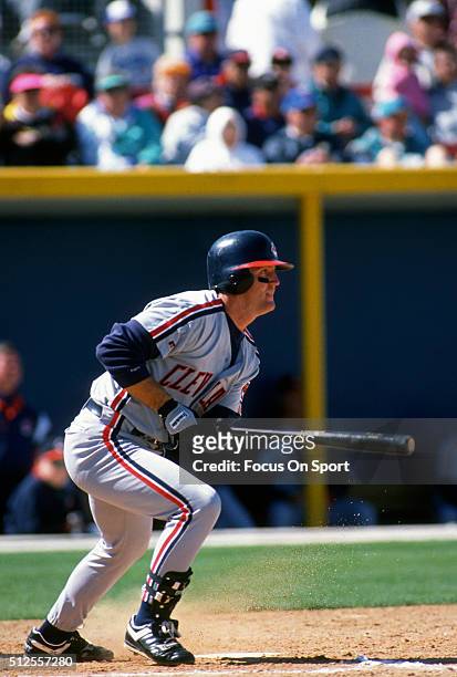 Jim Thome of the Cleveland Indians bats during a Major League Baseball spring training game circa 1993. Thome played for the Indians from 1991-2002...