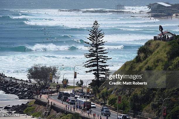 Surfers ride waves at Coolangatta ahead of next month's Gold Coast Quiksilver Pro, on February 27, 2016 in Gold Coast, Australia.