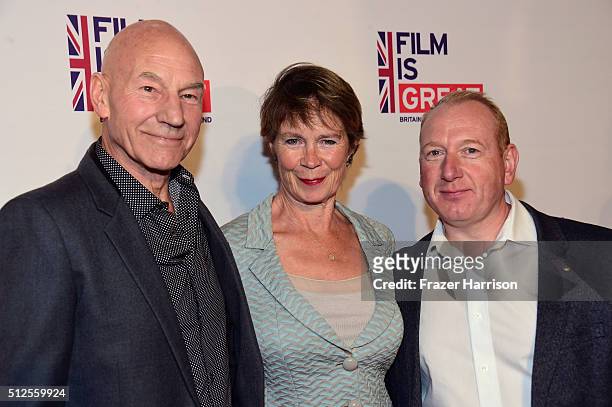 Sir Patrick Stewart, Celia Imrie and Adrian Scarborough attend the Film is GREAT Reception at Fig & Olive on February 26, 2016 in West Hollywood,...