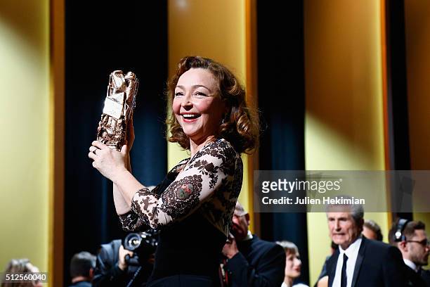 Catherine Frot receives an award for best actress in 'marguerite' during The Cesar Film Award 2016 at Theatre du Chatelet on February 26, 2016 in...