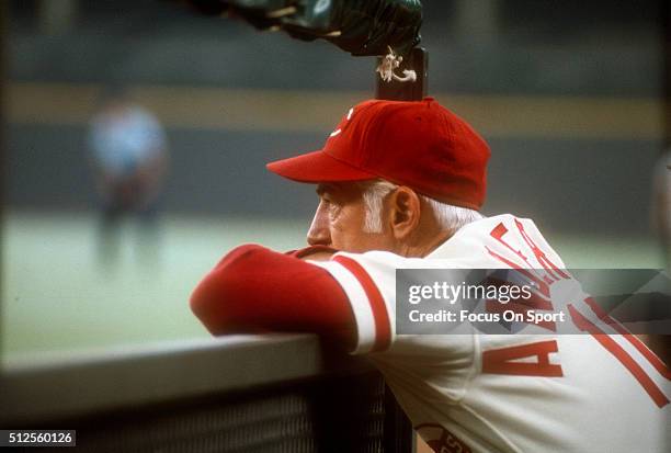 Manager Sparky Anders of the Cincinnati Reds looks on from the dugout against the Boston Red Sox during Game Four of the 1975 World Series October...