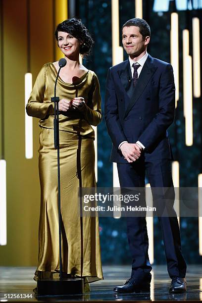 Zabou Breitman and Pierre Deladonchamps speak on stage during The Cesar Film Award 2016 at Theatre du Chatelet on February 26, 2016 in Paris, France.