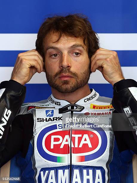 Sylvain Guintoli of France and rider of the Pata Yamaha Official WorldSBK Team Yamaha prepares for the Superpole qualifying session for race one of...