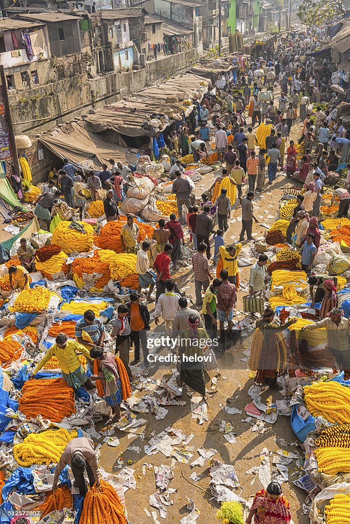 High angle shot of the flower market in Calcutta