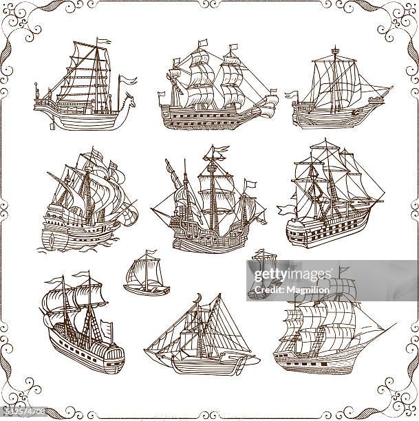 ilustraciones, imágenes clip art, dibujos animados e iconos de stock de conjunto de garabatos de los barcos de vela - sailing ship