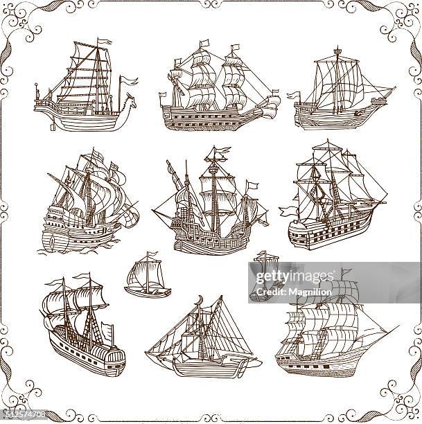illustrations, cliparts, dessins animés et icônes de vieux voile navires et crayonnages ensemble - galleon