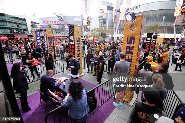 Fans attend the Lakers Fan Fest prior to the Memphis Grizzlies and the Los Angeles Lakers game at Microsoft Square on February 26, 2016 in Los...