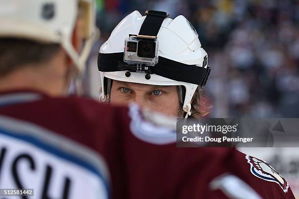 Peter Forsberg of the Colorado Avalanche wears a GoPro helmet mounted camera during warm up prior to facing the Detroit Red Wings during the 2016...