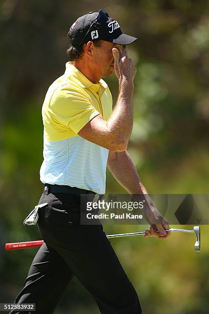 Brett Rumford of Australia reacts after missing a putt on the 3rd green during day three of the 2016 Perth International at Karrinyup GC on February...