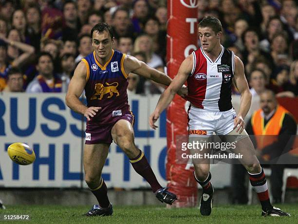 Daniel Bradshaw for Brisbane contests with Matt Maguire for St Kilda, during the AFL Qualifying Final Match between the Brisbane Lions and the St...
