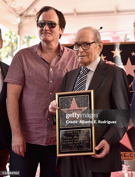 Director Quentin Tarantino and composer Ennio Morricone attend a ceremony honoring Ennio Morricone with the 2,575th Star on The Hollywood Walk of...