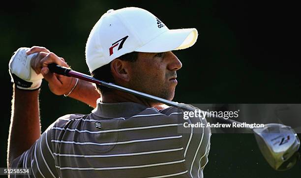 Sergio Garcia of Spain hits his tee-shot on the 14th hole, during the second round of The Omega European Masters at Crans-Sur-Sierre Golf Club on...