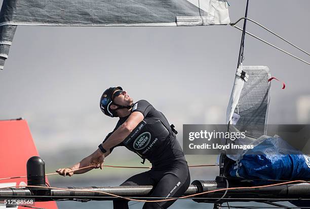 LandRover BAR tactician Giles Scott takes part in a training session prior to the start of 35th America's Cup - Louis Vuitton World Series in Oman on...