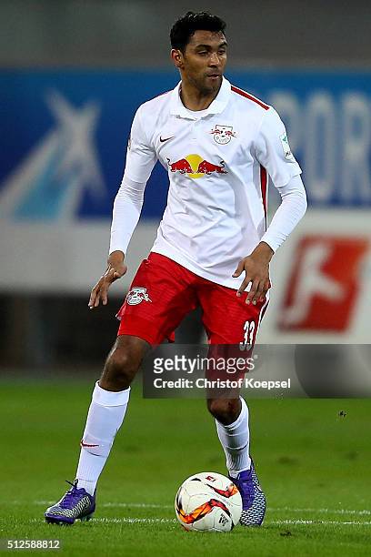 Marvin Compper of Leipzig runs with the ball during the 2. Bundesliga match between SC Paderborn and RB Leipzig at Benteler Arena on February 26,...