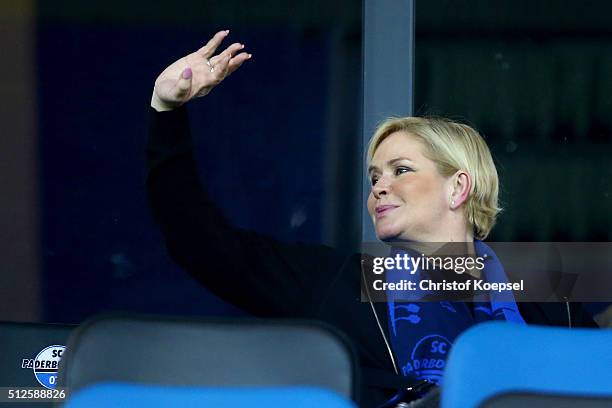 Claudia Effenberg looks on prior to the 2. Bundesliga match between SC Paderborn and RB Leipzig at Benteler Arena on February 26, 2016 in Paderborn,...