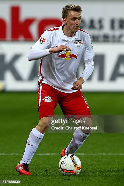 Lukas Klostermann of Leipzig runs with the ball during the 2. Bundesliga match between SC Paderborn and RB Leipzig at Benteler Arena on February 26,...