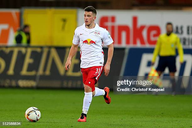 Diego Demme of Leipzig runs with the ball during the 2. Bundesliga match between SC Paderborn and RB Leipzig at Benteler Arena on February 26, 2016...