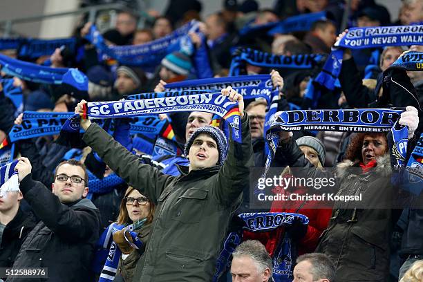 Fans of Paderborn celebrate their team during the 2. Bundesliga match between SC Paderborn and RB Leipzig at Benteler Arena on February 26, 2016 in...