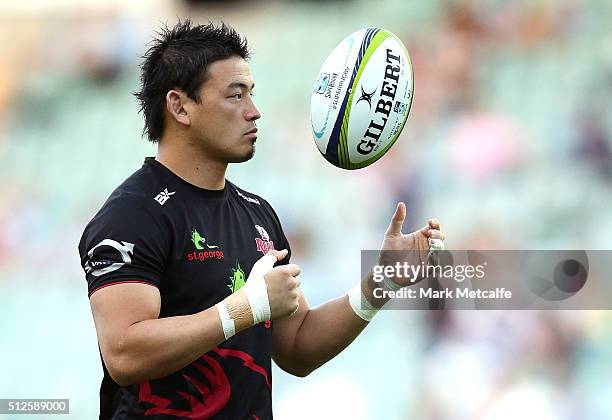 Ayumu Goromaru of the Reds warms up before the round one Super Rugby match between the Waratahs and the Reds at Allianz Stadium on February 27, 2016...