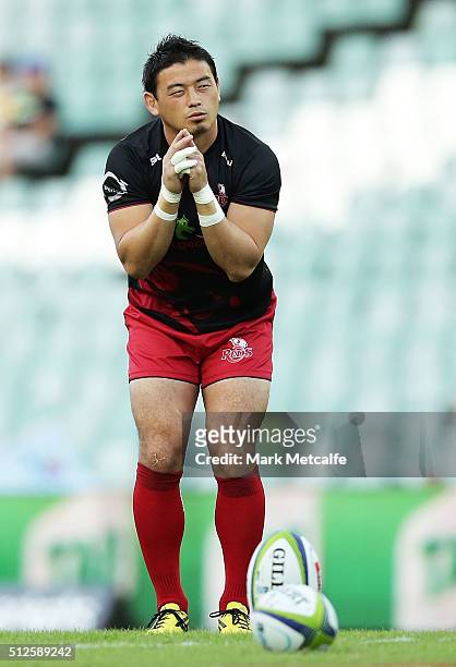 Ayumu Goromaru of the Reds warms up before the round one Super Rugby match between the Waratahs and the Reds at Allianz Stadium on February 27, 2016...