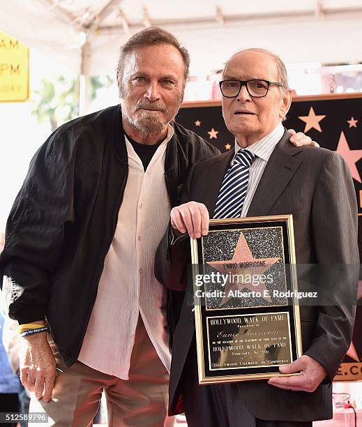 Actor Franco Nero and composer Ennio Morricone attend a ceremony honoring Ennio Morricone with the 2,575th Star on The Hollywood Walk of Fame on...