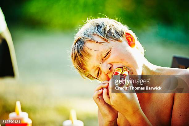 young boy taking bite of hot dog at barbecue - hot dog - fotografias e filmes do acervo