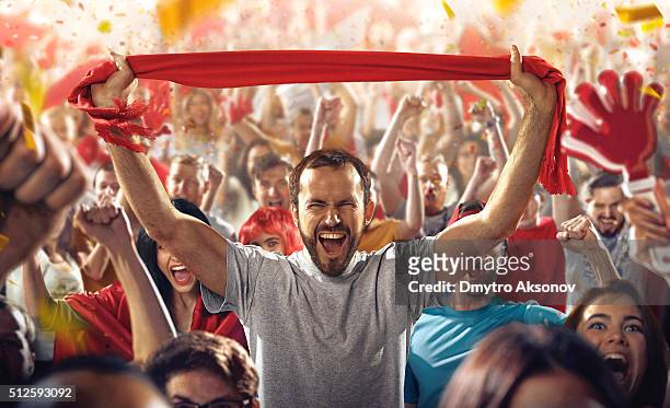 スポーツファン：男性にスカーフ - サッカー　観客 ストックフォトと画像