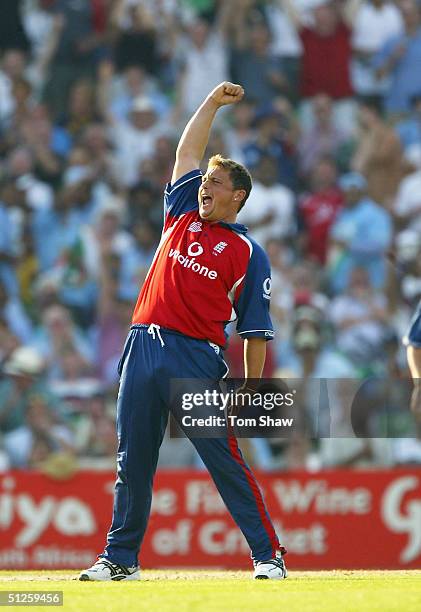 Darren Gough of England celebrates taking the wicket of Youvraj Singh of India during the Natwest Challenge match between England and India at the...