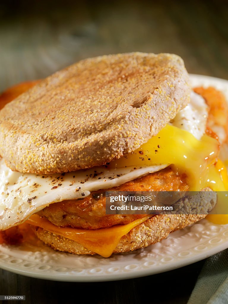 Fried Egg, Sausage and Cheese Breakfast Sandwich