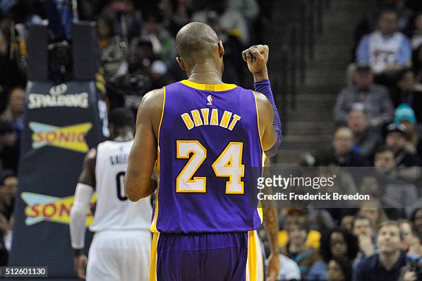 Kobe Bryant of the Los Angeles Lakers pumps his fist during a game against the Memphis Grizzlies at FedExForum on February 24, 2016 in Memphis,...