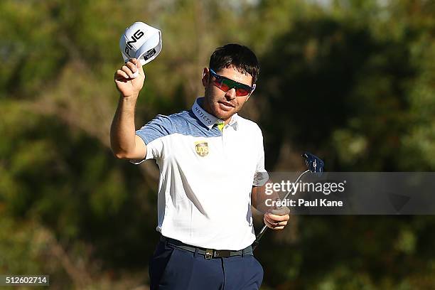 Louis Oosthuizen of South Africa acknowledges the gallery after completing his round during day three of the 2016 Perth International at Karrinyup GC...