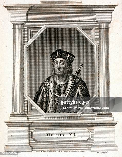 An engraving from a portrait of King Henry VII, he was the last King of England to gain power through battle, he establish the House of Tudor and is...