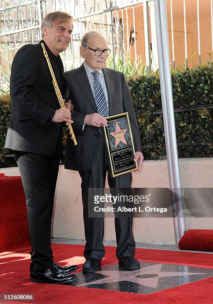 Flutist Andrea Griminelli with Ennio Morricone at the Ennio Morricone Star Ceremony On The Hollywood Walk Of Fame held on February 26, 2016 in...