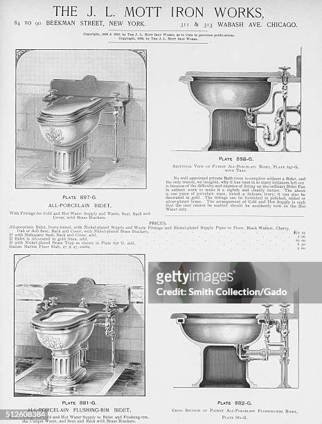 All-porcelain flushing-rim bidet, illustration from a catalog, 1885. From the New York Public Library. .