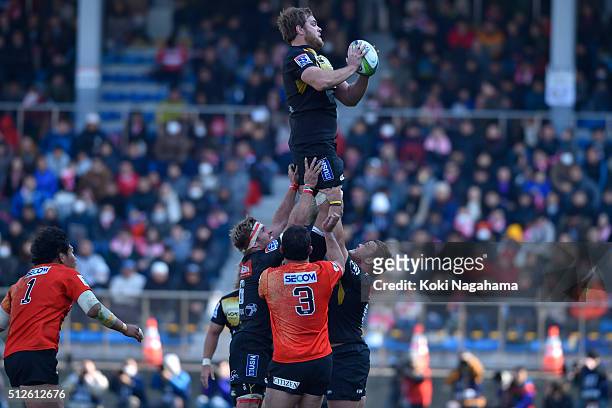 Andries Ferreira takes the ball in the lineout during the Super Rugby Rd 1 match between Sunwolves and Lions at Prince Chichibu Stadium on February...