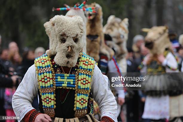 Participants dressed in colourful hand-made costumes and wearing masks attend Masquerade Festival "Kukerlandia" in Yambol town of Bulgaria on...