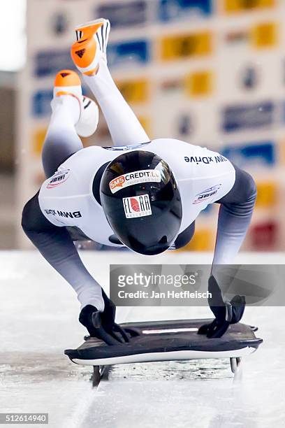 Tomass Dukurs of Latvia competes during the first run of the IBSF Bobsleigh & Skeleton World Cup on February 27, 2016 in Koenigsee, Germany.