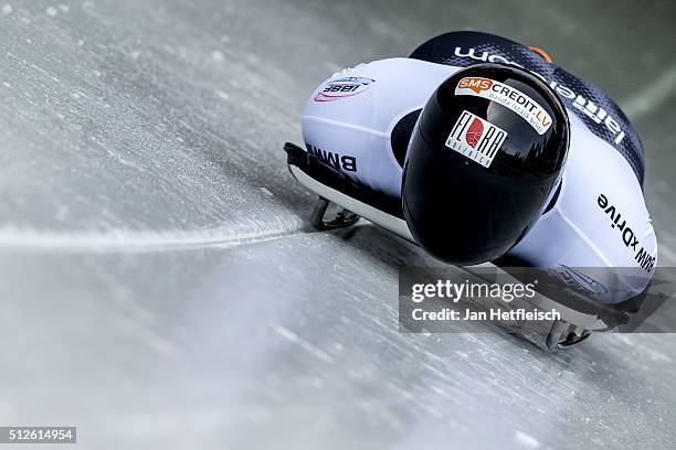 Tomass Dukurs of Latvia competes during the first run of the IBSF Bobsleigh & Skeleton World Cup on February 27, 2016 in Koenigsee, Germany.