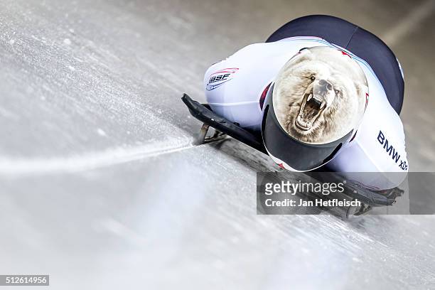 Barrett Martineau of Canada pushes off the start during the first run of the IBSF Bobsleigh & Skeleton World Cup on February 27, 2016 in Koenigsee,...