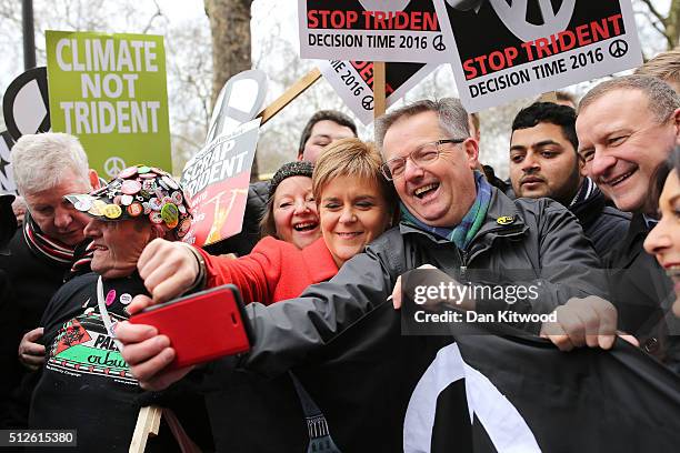 Scottish First Minister Nicola Sturgeon joins demonstrators on a 'Stop Trident' march though central London on February 27, 2016 in London, England....