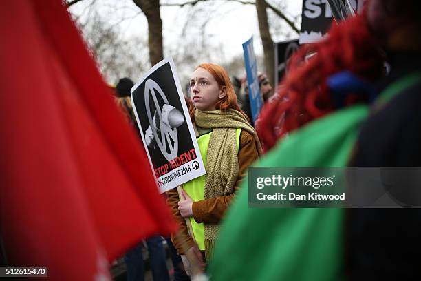 Demonstrators participate in a 'Stop Trident' march though central London on February 27, 2016 in London, England. The leaders of three political...